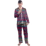 Boho Red Teal Pattern Men s Long Sleeve Satin Pyjamas Set