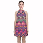 Boho Colorful Pattern Velvet Halter Neckline Dress 