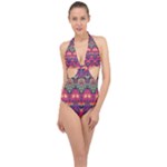 Boho Colorful Pattern Halter Front Plunge Swimsuit