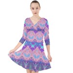 Boho Patchwork Violet Pink Green Quarter Sleeve Front Wrap Dress