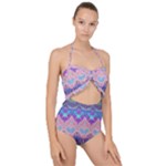 Boho Patchwork Violet Pink Green Scallop Top Cut Out Swimsuit