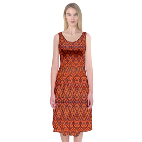 Boho Rust Orange Brown Pattern Midi Sleeveless Dress from ArtsNow.com