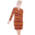 Boho Red Gold Pattern Button Long Sleeve Dress