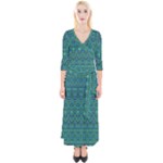 Boho Teal Green Blue Pattern Quarter Sleeve Wrap Maxi Dress