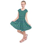 Boho Teal Green Blue Pattern Kids  Short Sleeve Dress