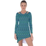 Boho Teal Green Blue Pattern Asymmetric Cut-Out Shift Dress