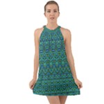 Boho Teal Green Blue Pattern Halter Tie Back Chiffon Dress