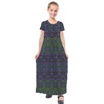 Boho Purple Green Pattern Kids  Short Sleeve Maxi Dress