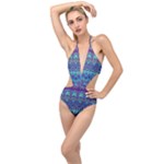 Boho Purple Blue Teal Floral Plunging Cut Out Swimsuit