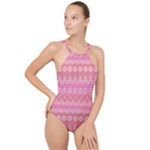 Boho Pink Floral Pattern High Neck One Piece Swimsuit