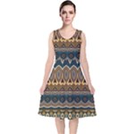 Boho Brown Blue V-Neck Midi Sleeveless Dress 