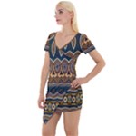 Boho Brown Blue Short Sleeve Asymmetric Mini Dress