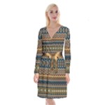 Boho Brown Blue Long Sleeve Velvet Front Wrap Dress