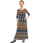 Boho Brown Blue Kids  Quarter Sleeve Maxi Dress