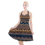 Boho Brown Blue Halter Party Swing Dress 