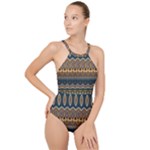 Boho Brown Blue High Neck One Piece Swimsuit