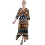 Boho Brown Blue Quarter Sleeve Wrap Front Maxi Dress