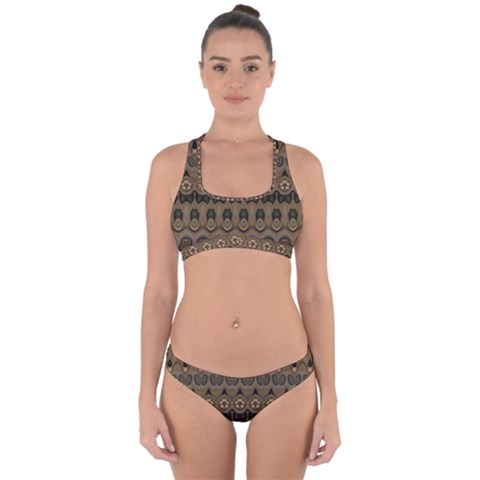 Boho Green Brown Pattern Cross Back Hipster Bikini Set from ArtsNow.com