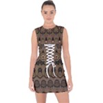 Boho Green Brown Pattern Lace Up Front Bodycon Dress