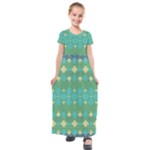 Boho Green Blue Checkered Kids  Short Sleeve Maxi Dress