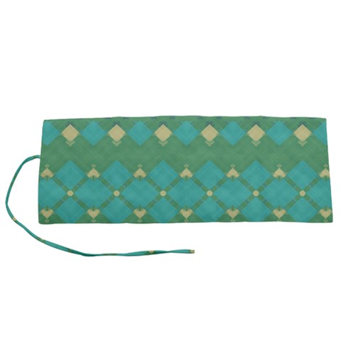 Boho Green Blue Checkered Roll Up Canvas Pencil Holder (S) from ArtsNow.com