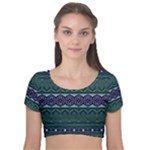 Boho Blue Green  Velvet Short Sleeve Crop Top 