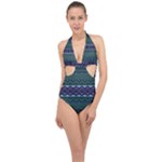 Boho Blue Green  Halter Front Plunge Swimsuit