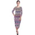 Colorful Boho Pattern Quarter Sleeve Midi Velour Bodycon Dress