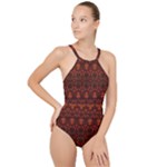 Boho Dark Red Floral High Neck One Piece Swimsuit