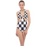 Chequered Flag Halter Front Plunge Swimsuit