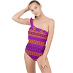 Boho Magenta and Gold Frilly One Shoulder Swimsuit