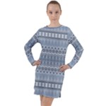 Boho Faded Blue Grey Long Sleeve Hoodie Dress