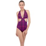 Fuchsia Madras Plaid Halter Front Plunge Swimsuit