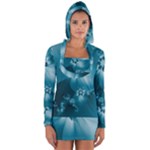 Teal Floral Print Long Sleeve Hooded T-shirt