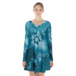 Teal Floral Print Long Sleeve Velvet V-neck Dress