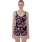 Pink Lilies on Black Tie Front Two Piece Tankini