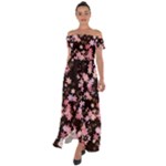 Pink Lilies on Black Off Shoulder Open Front Chiffon Dress