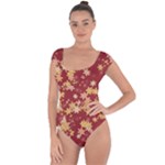 Gold and Tuscan Red Floral Print Short Sleeve Leotard 