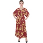 Gold and Tuscan Red Floral Print V-Neck Boho Style Maxi Dress