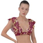 Gold and Tuscan Red Floral Print Plunge Frill Sleeve Bikini Top