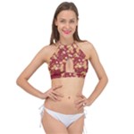 Gold and Tuscan Red Floral Print Cross Front Halter Bikini Top