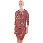 Gold and Rust Floral Print Quarter Sleeve Hood Bodycon Dress