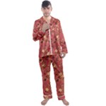 Gold and Rust Floral Print Men s Long Sleeve Satin Pyjamas Set