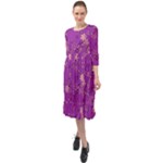 Gold Purple Floral Print Ruffle End Midi Chiffon Dress