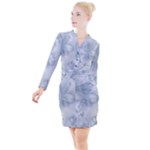Faded Blue Floral Print Button Long Sleeve Dress