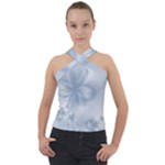Faded Blue Floral Print Cross Neck Velour Top