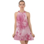 Blush Pink Floral Print Halter Tie Back Chiffon Dress
