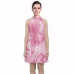 Blush Pink Floral Print Velvet Halter Neckline Dress 