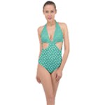 Biscay Green White Floral Print Halter Front Plunge Swimsuit