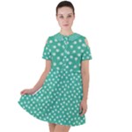 Biscay Green White Floral Print Short Sleeve Shoulder Cut Out Dress 